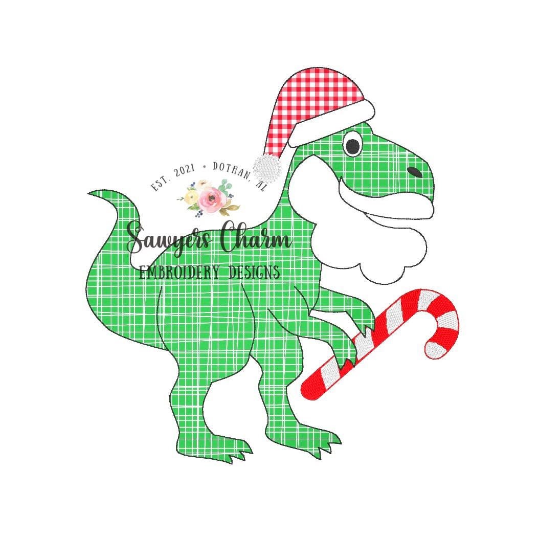 Santa T-Rex bean stitch applique, machine embroidery design file, quick stitch, Christmas dinosaur with beard, Ho ho ho, sketch candy cane