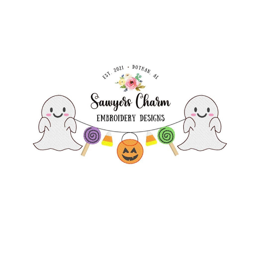 Halloween candy ghost jackolantern bunting banner sketch stitch machine embroidery design file, quick stitch, bean stitch, fall, pumpkins