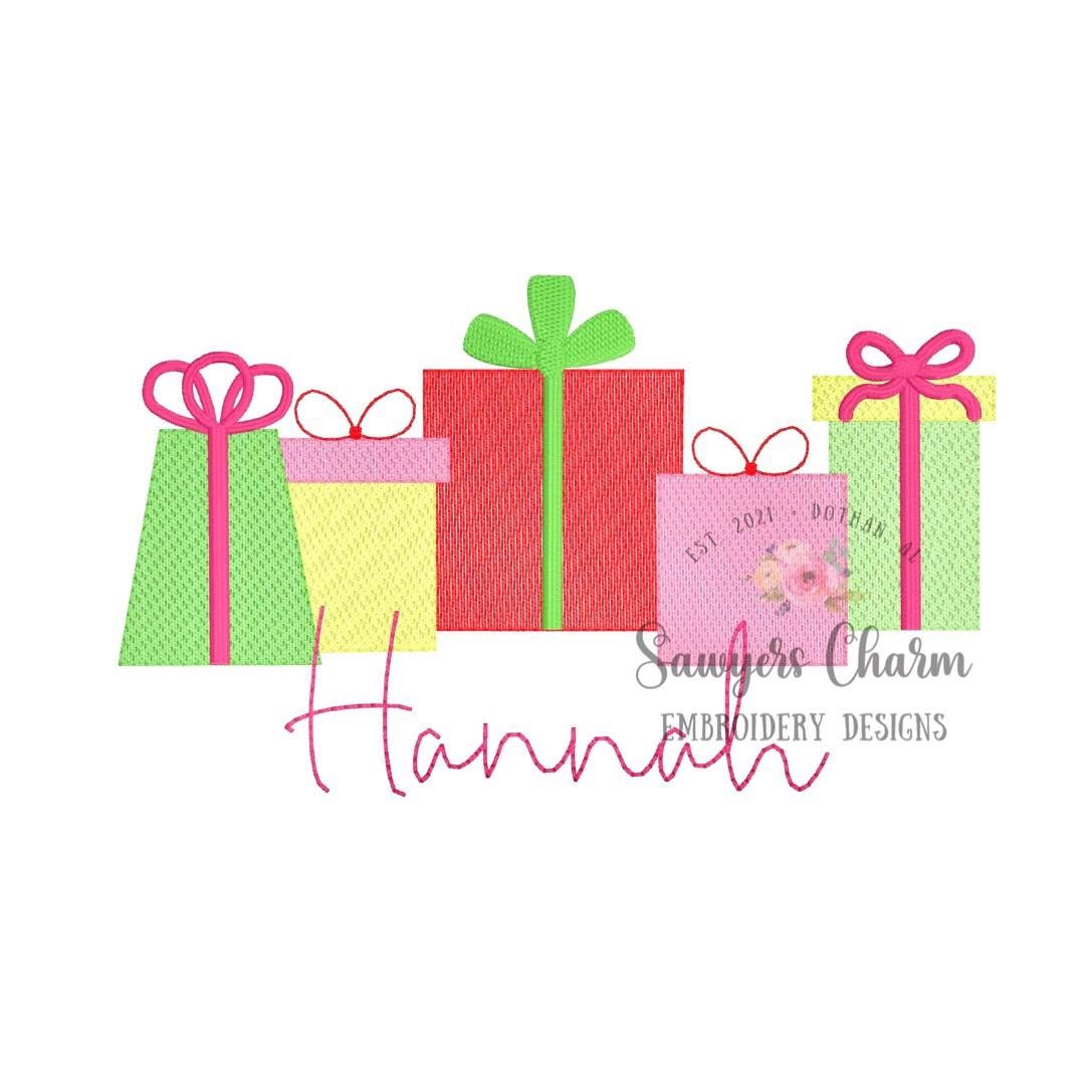 Christmas presents/gifts with bow, sketch stitch machine embroidery design file, Happy holidays, Santa clause, happy birthday, ho ho ho