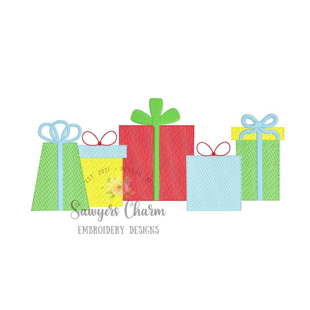 Christmas presents/gifts with bow, sketch stitch machine embroidery design file, Happy holidays, Santa clause, happy birthday, ho ho ho