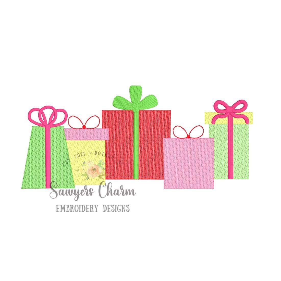 Christmas presents/gifts with bow, sketch stitch machine embroidery design file, Happy holidays, Santa clause, happy birthday, ho ho ho