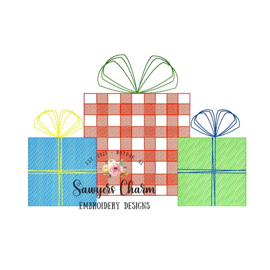 Gingham presents with bow sketch stitch/bean stitch machine embroidery design file, Christmas, plaid check, holidays, birthday gifts