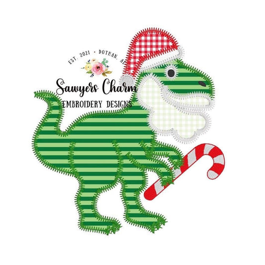 Santa T-Rex zigzag stitch applique, machine embroidery design file, quick stitch, Christmas dinosaur with beard, Ho ho ho, sketch candy cane
