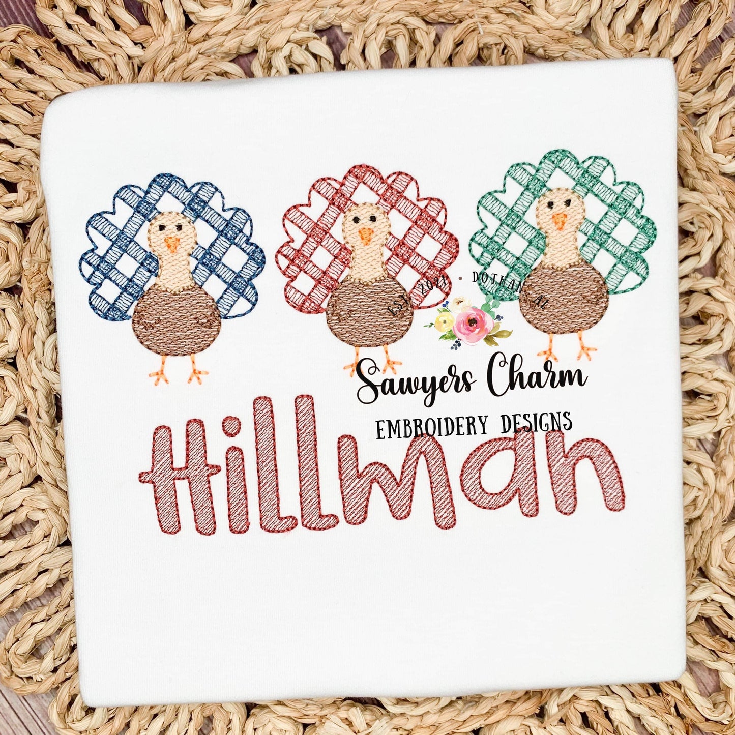 BUNDLE Gingham turkey trio with/without bows sketch stitch embroidery design file, fall, thanksgiving, gobble, plaid check, coquette