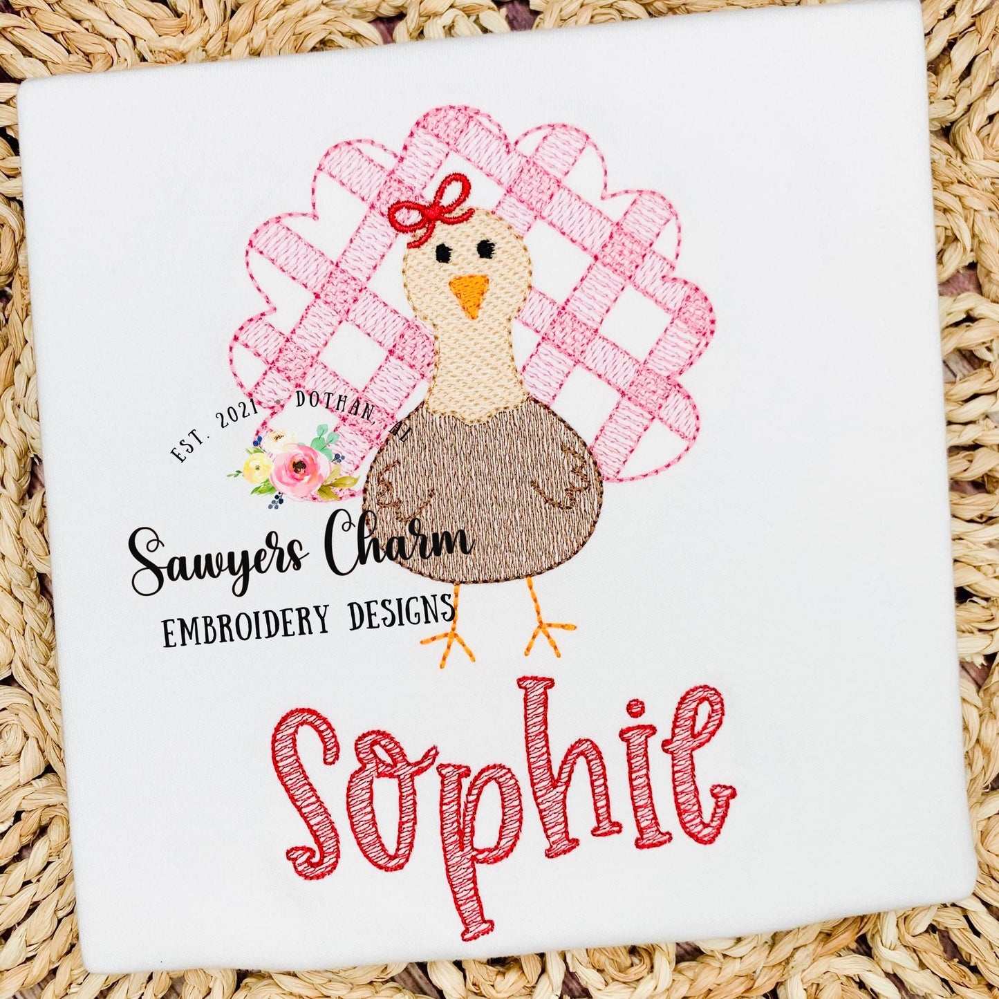 BUNDLE Gingham turkey with & without bow, sketch stitch embroidery design file, fall, thanksgiving, gobble, plaid check, quick stitch