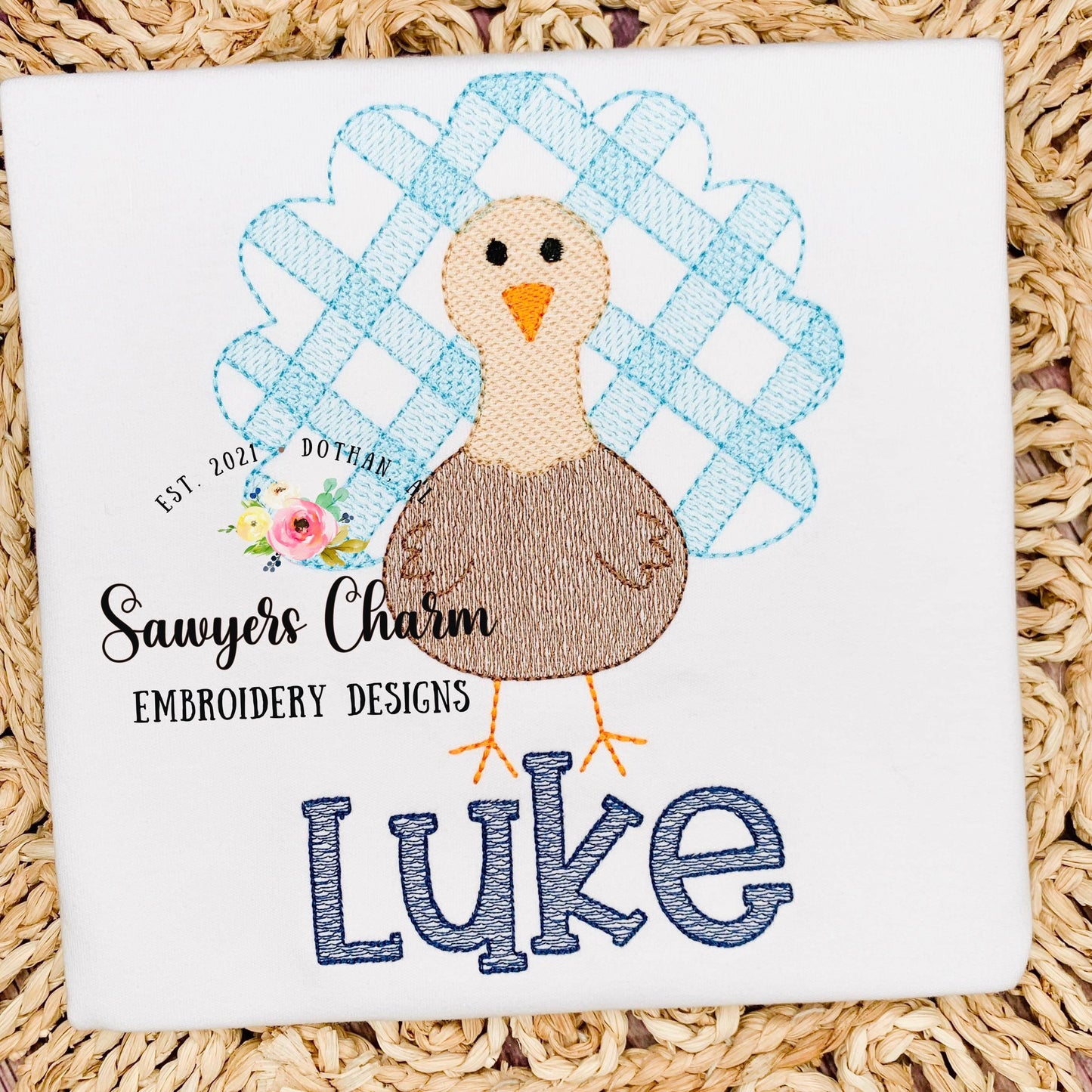 BUNDLE Gingham turkey with & without bow, sketch stitch embroidery design file, fall, thanksgiving, gobble, plaid check, quick stitch
