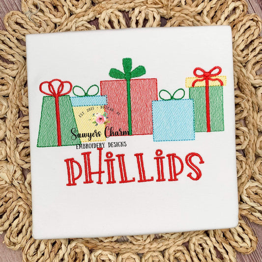 Christmas presents/gifts with bow, sketch stitch machine embroidery design file, Happy holidays, Santa clause, happy birthday, ho ho ho