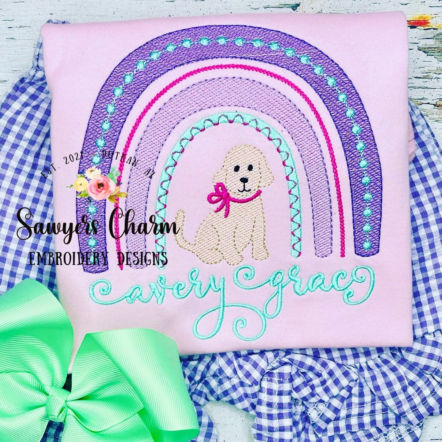 Boho sketch rainbow with puppy with bow machine embroidery design file
