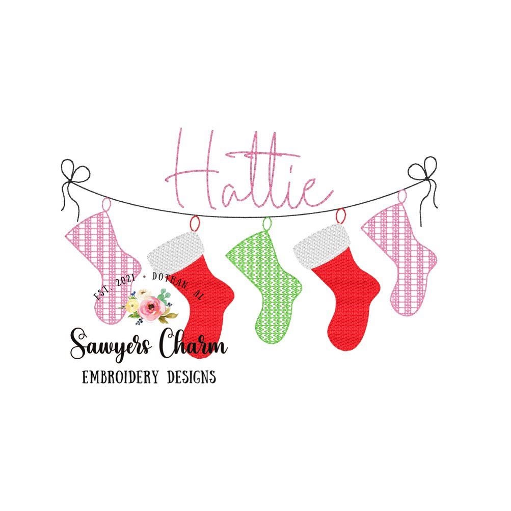 BUNDLE Christmas stockings bunting banner with & without bow sketch stitch, machine embroidery design file, quick stitch bean stitch holiday