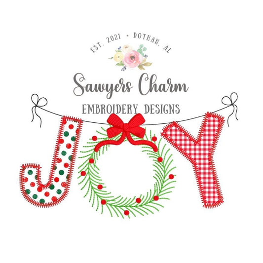 Christmas JOY wreath with bow bunting banner zigzag applique machine embroidery design file, quick stitch, bean stitch, winter holiday