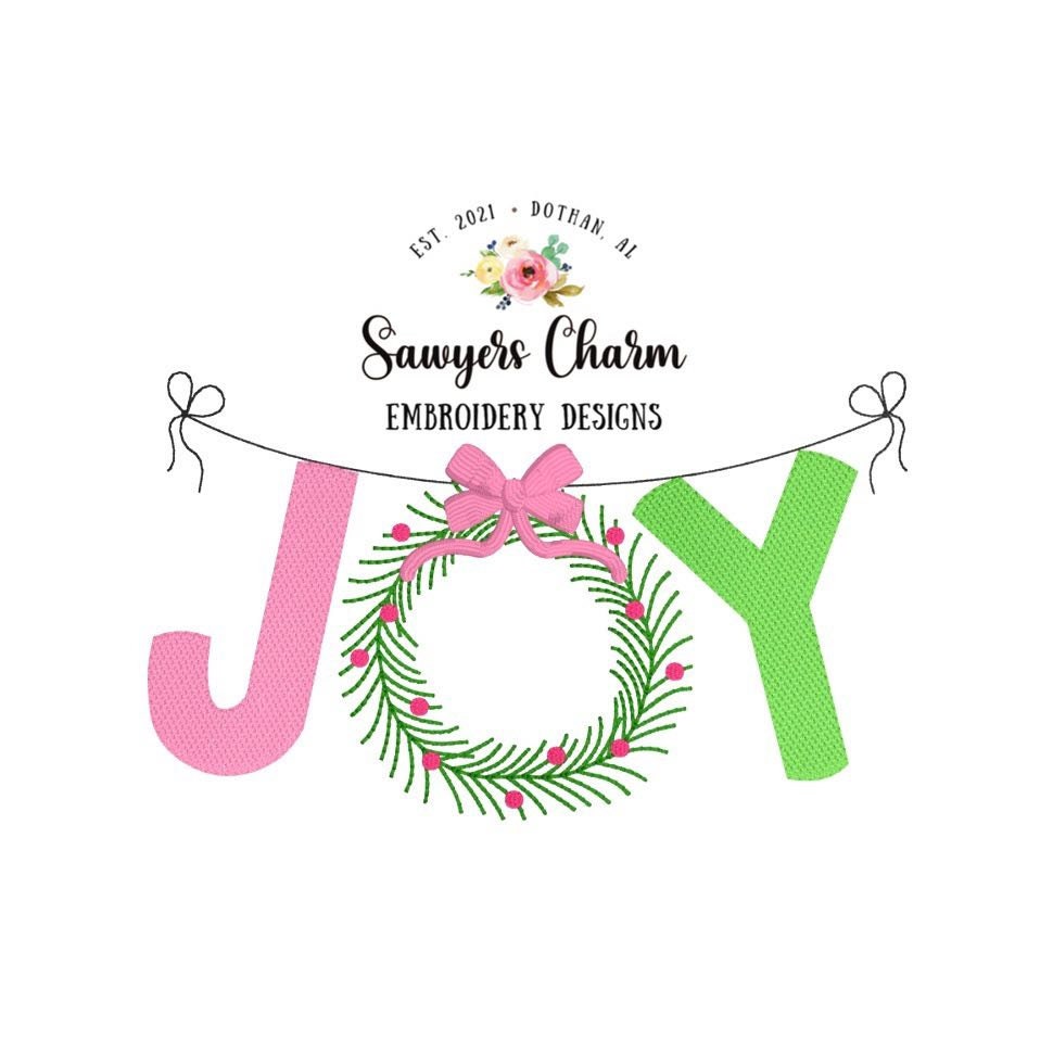 Christmas JOY wreath with bow bunting banner sketch stitch, machine embroidery design file, bean stitch, satin stitch, happy holidays