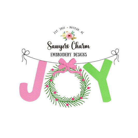 Christmas JOY wreath with bow bunting banner sketch stitch, machine embroidery design file, bean stitch, satin stitch, happy holidays