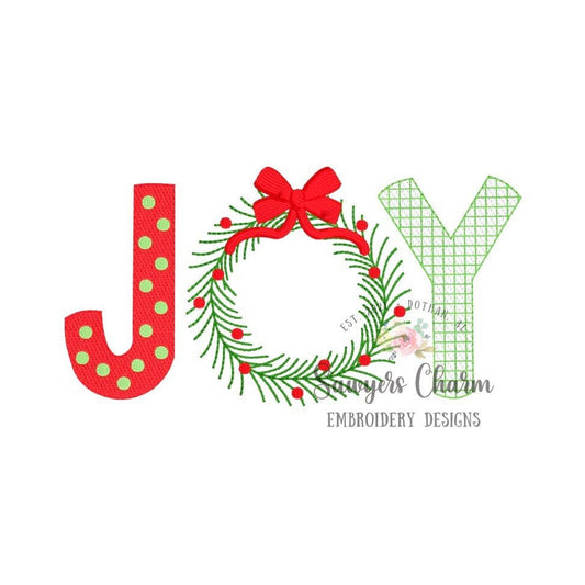 Christmas JOY wreath with bow decorative sketch stitch, machine embroidery design file, bean stitch, satin stitch, happy holidays, winter