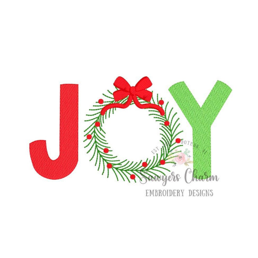Christmas JOY wreath with bow sketch stitch, machine embroidery design file, bean stitch, satin stitch, happy holidays, quick stitch