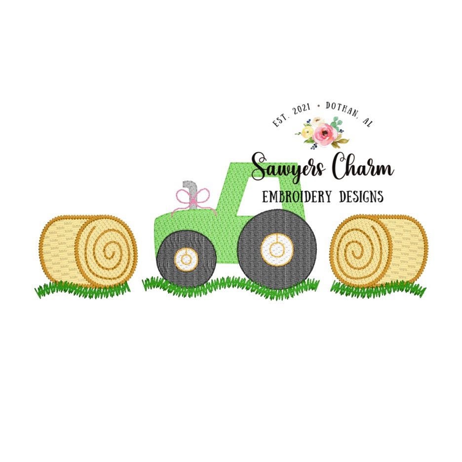 BUNDLE Tractor hay bale trio sketch stitch machine embroidery design file, bean stitch, farming, harvest, dirt hauler, transportation, bow