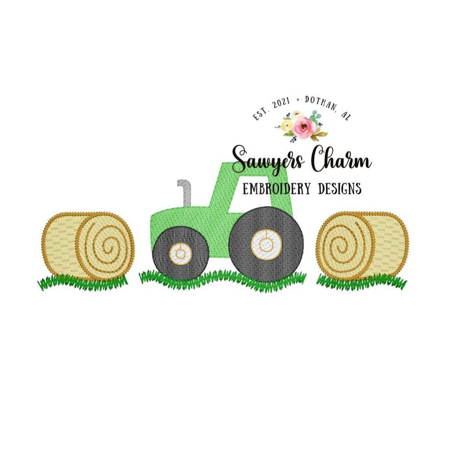 BUNDLE Tractor hay bale trio sketch stitch machine embroidery design file, bean stitch, farming, harvest, dirt hauler, transportation, bow