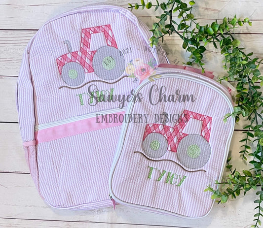 Gingham sketch stitch tractor machine embroidery design file, bean stitch, quick stitch, farming, harvest, dirt hauler, transportation