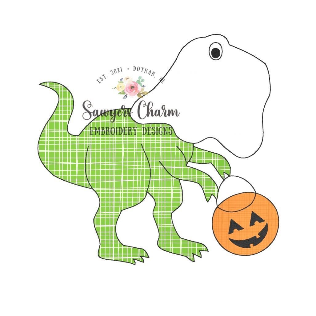 T-Rex ghost trick or treating bean stitch applique, machine embroidery design file, jackolantern pumpkin dinosaur dino, spooky, candy bucket