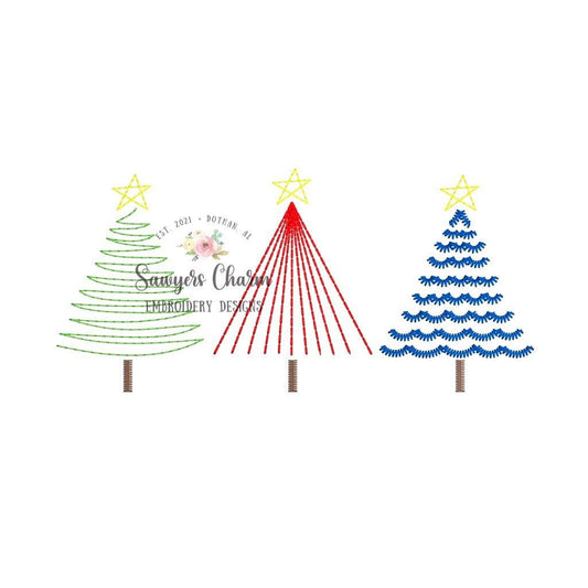 Christmas trees with stars trio, scribble vintage bean stitch, sketch machine embroidery design file, quick stitch, holidays, boho woodland