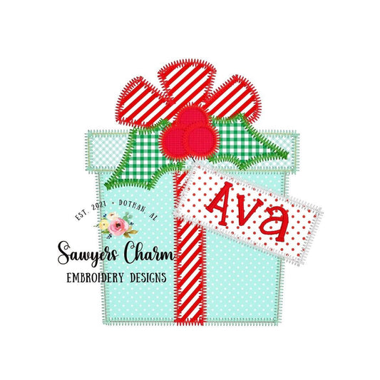 Christmas present/gift with holly berry zig zag stitch applique, machine embroidery design file, Happy holidays, Merry Christmas, Santa