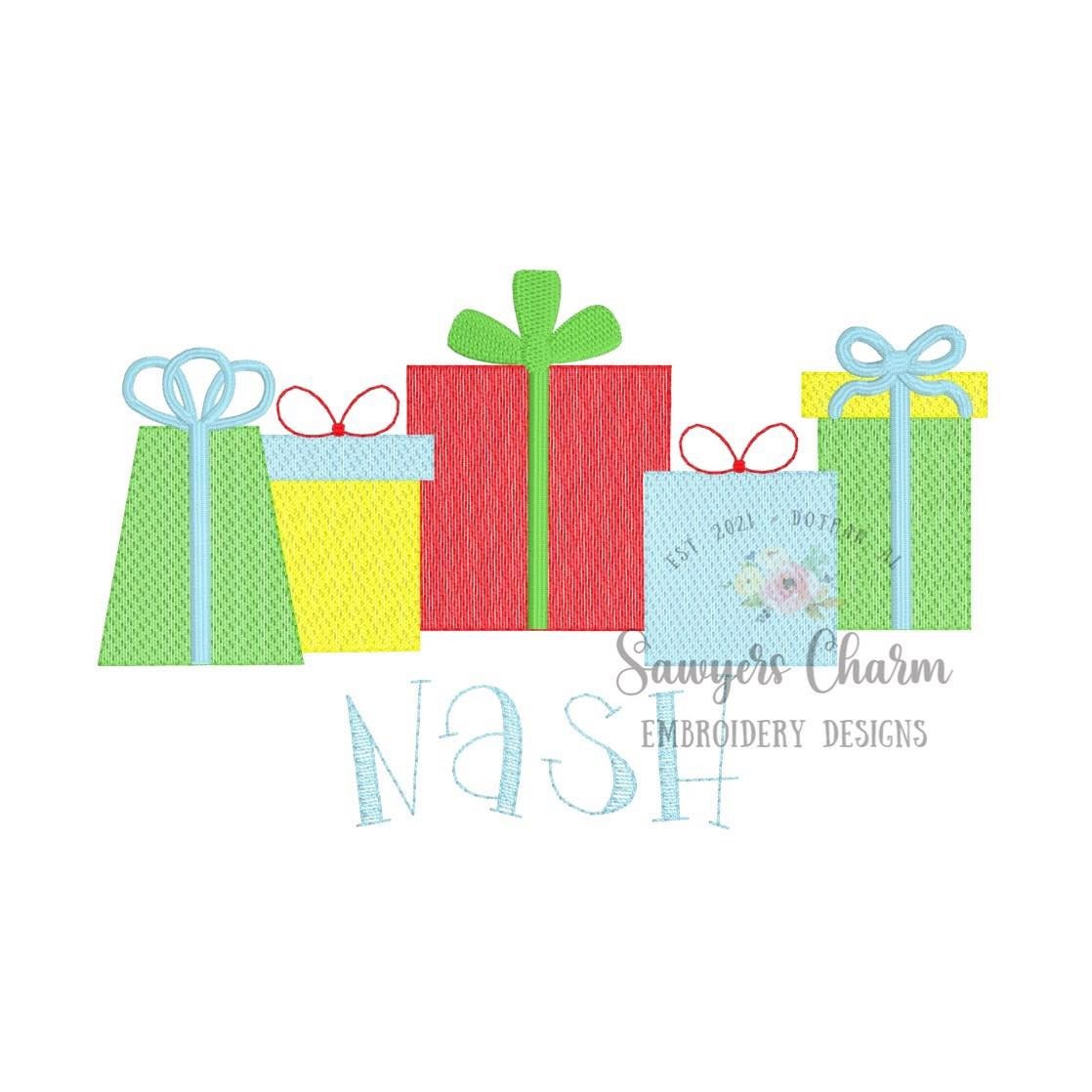 Christmas presents/gifts with bow, sketch stitch machine embroidery design file, Happy holidays, Santa clause, happy birthday, ho ho ho