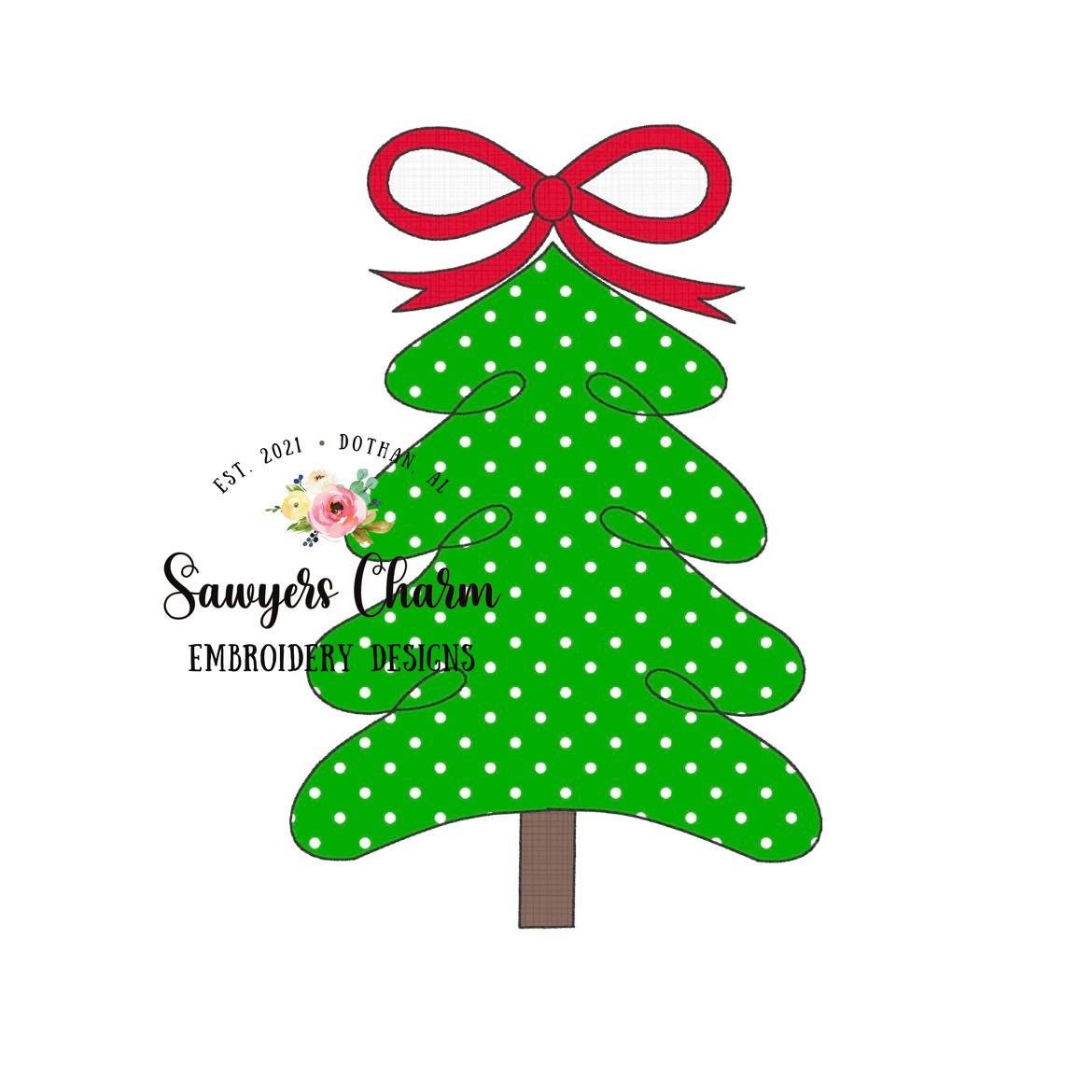 BUNDLE Christmas tree with bow & star, scribble bean stitch applique machine embroidery design file, quick stitch, holidays, boho woodland