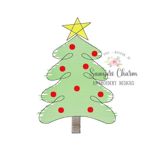 Christmas tree with coquette bow, scribble sketch stitch machine embroidery design file, quick stitch, holidays boho/woodland watercolor