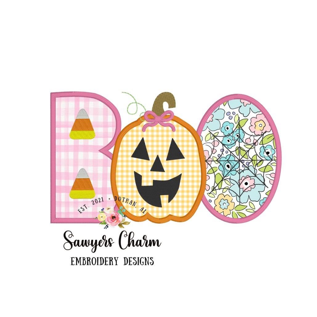 BUNDLE Halloween BOO jackolantern/candy corn/spiderweb with & without bow satin stitch, machine applique embroidery design file, pumpkin