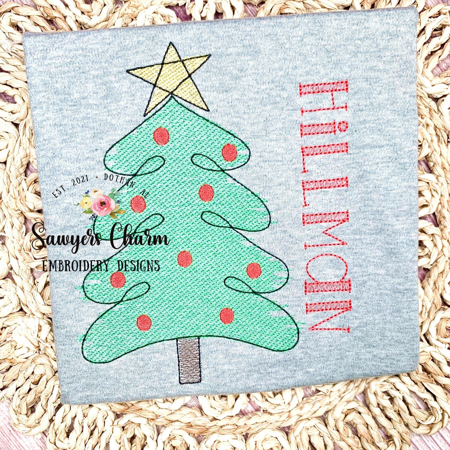 Christmas tree with coquette bow, scribble sketch stitch machine embroidery design file, quick stitch, holidays boho/woodland watercolor