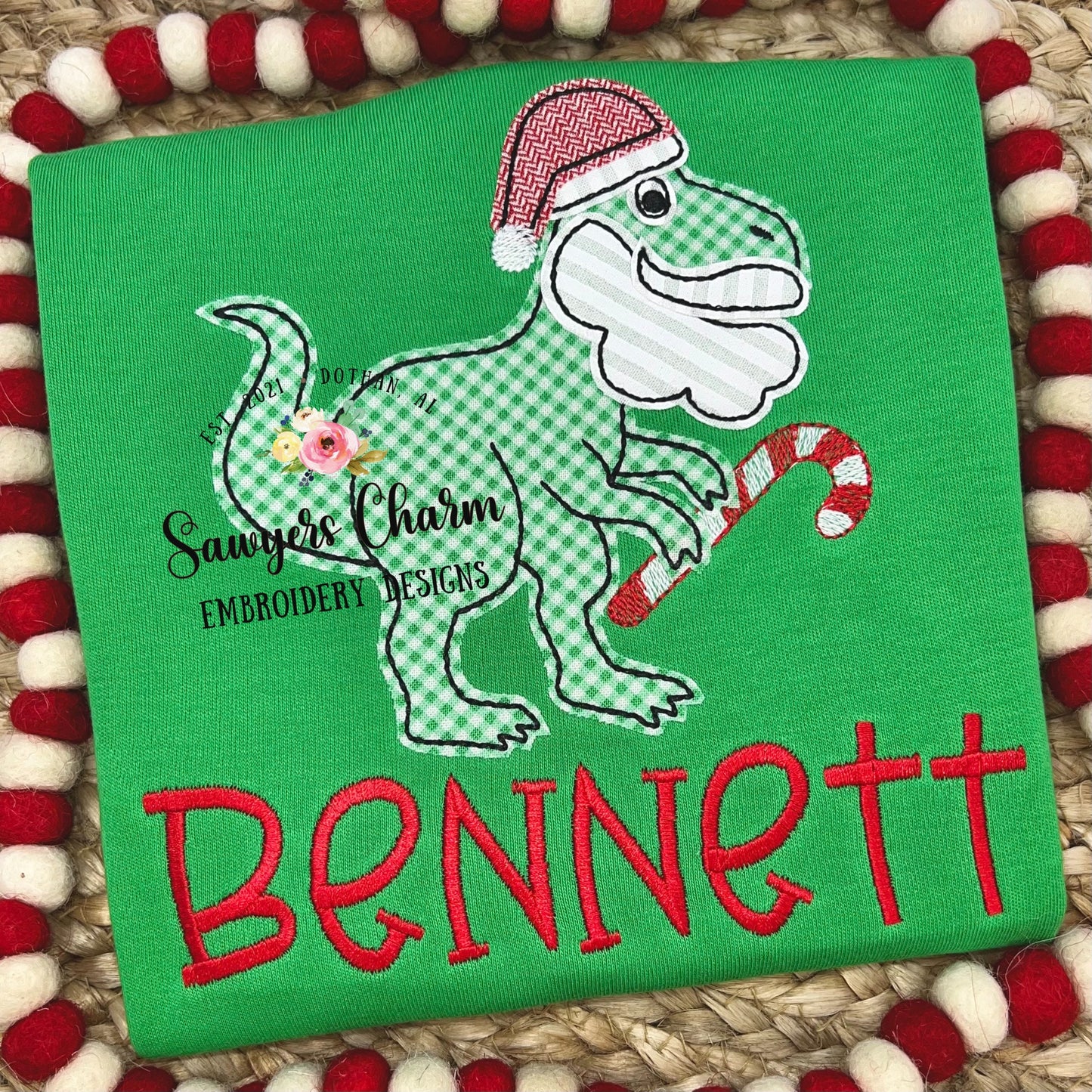 Santa T-Rex bean stitch applique, machine embroidery design file, quick stitch, Christmas dinosaur with beard, Ho ho ho, sketch candy cane