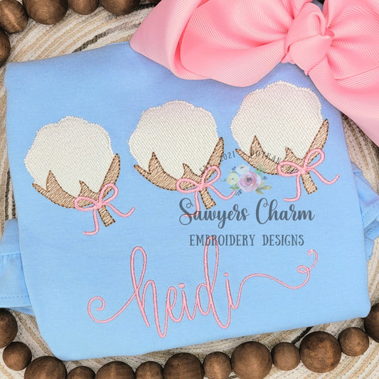 BUNDLE Cotton boll trio with & without bow sketch stitch, machine embroidery design file, fall, harvest, satin stitch, quick stitch