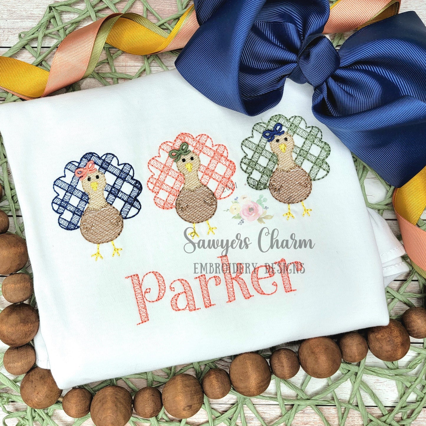 BUNDLE Gingham turkey trio with/without bows sketch stitch embroidery design file, fall, thanksgiving, gobble, plaid check, coquette