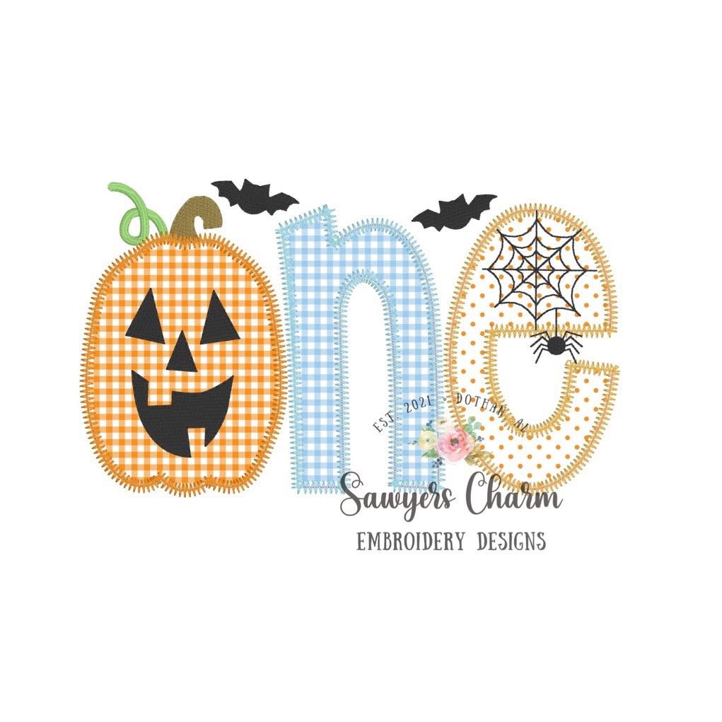 Spooky ONE jackolantern halloween zig zag stitch machine applique design embroidery file, first birthday, fall pumpkin, bats, spiderweb