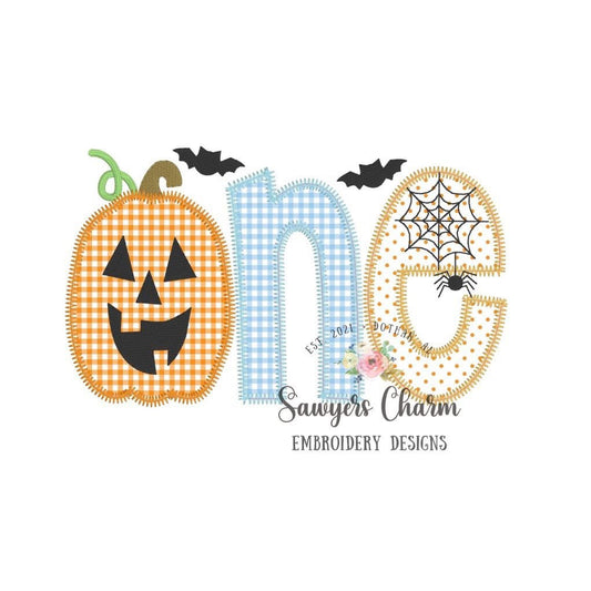 Spooky ONE jackolantern halloween zig zag stitch machine applique design embroidery file, first birthday, fall pumpkin, bats, spiderweb