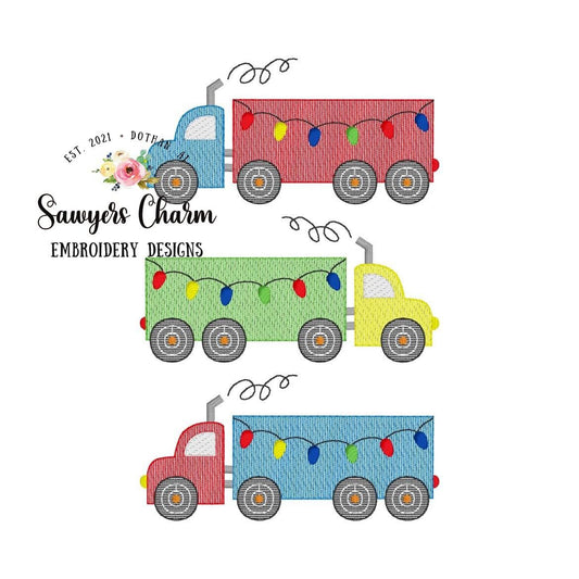 Christmas lights Semi big truck trio sketch stitch machine embroidery design file, bean stitch details, transportation vehicle, holidays
