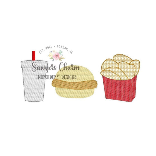 Fast food, chicken sandwich, waffle fries, drink trio sketch stitch embroidery design file, quick stitch, soft drink, bean stitch details