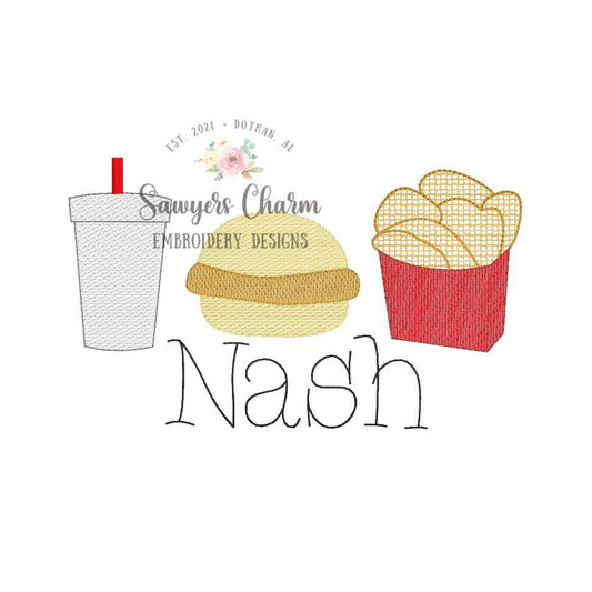 Fast food, chicken sandwich, waffle fries, drink trio sketch stitch embroidery design file, quick stitch, soft drink, bean stitch details