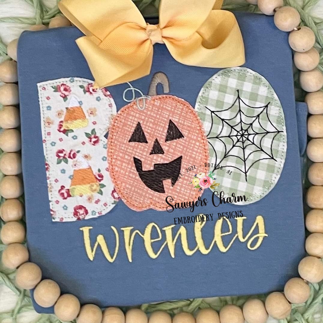 BUNDLE Halloween BOO jackolantern/candy corn/spiderweb blanket stitch bunting banner machine applique embroidery design file, pumpkin patch