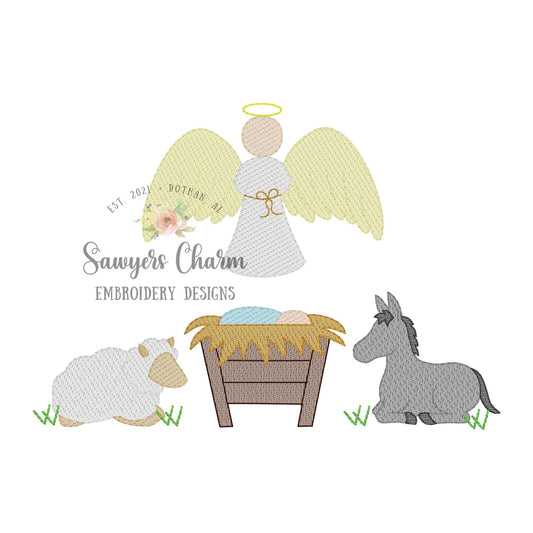 Baby Jesus Nativity scene, angel, donkey, sheep sketch stitch machine embroidery design file, bean stitch details, Merry Christmas holiday