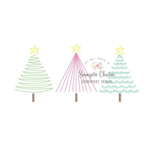 Christmas trees with stars trio, scribble vintage bean stitch, sketch machine embroidery design file, quick stitch, holidays, boho woodland