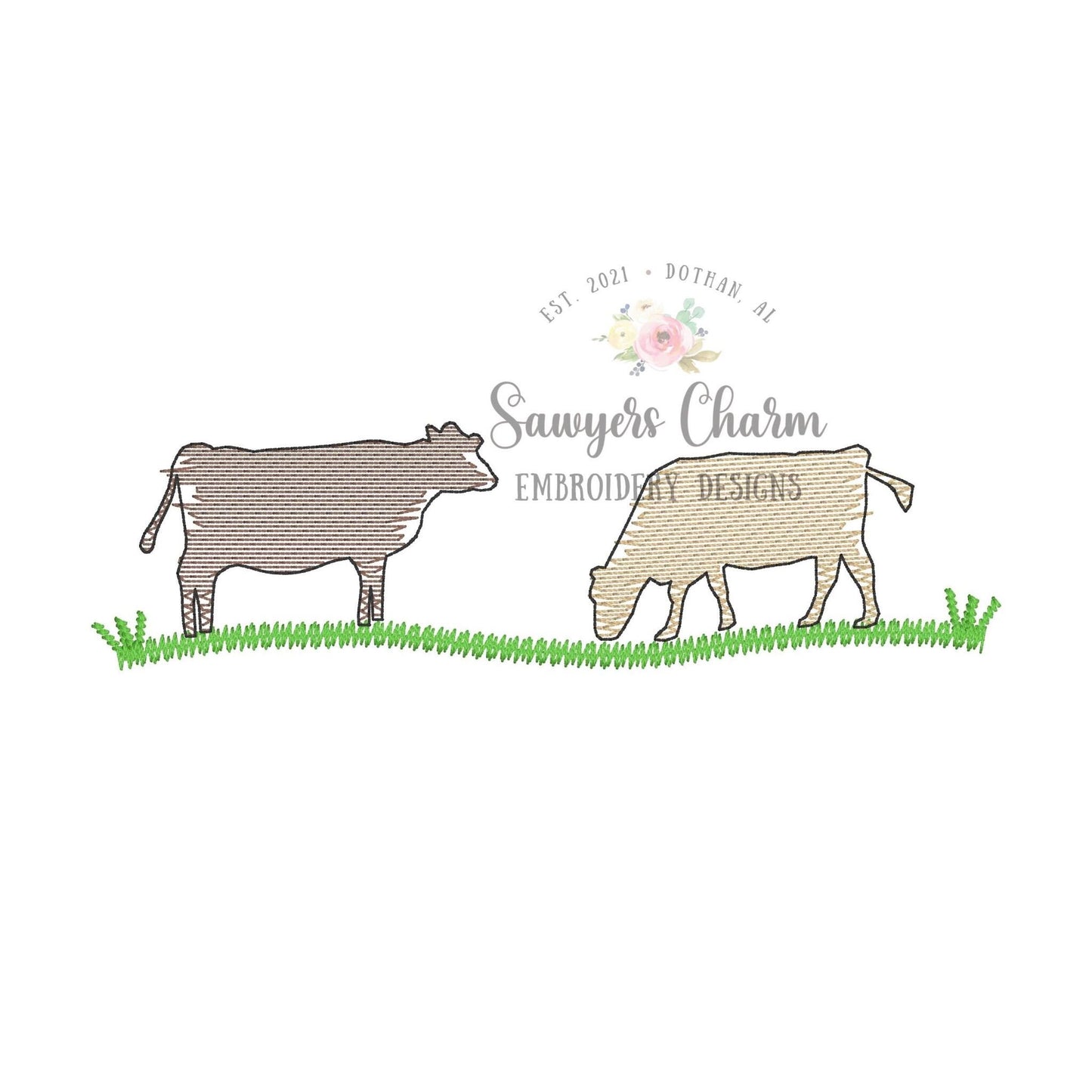 Cows in field with/without clouds light sketch/watercolor stitch machine embroidery design file, quick stitch, bean stitch, farm animals