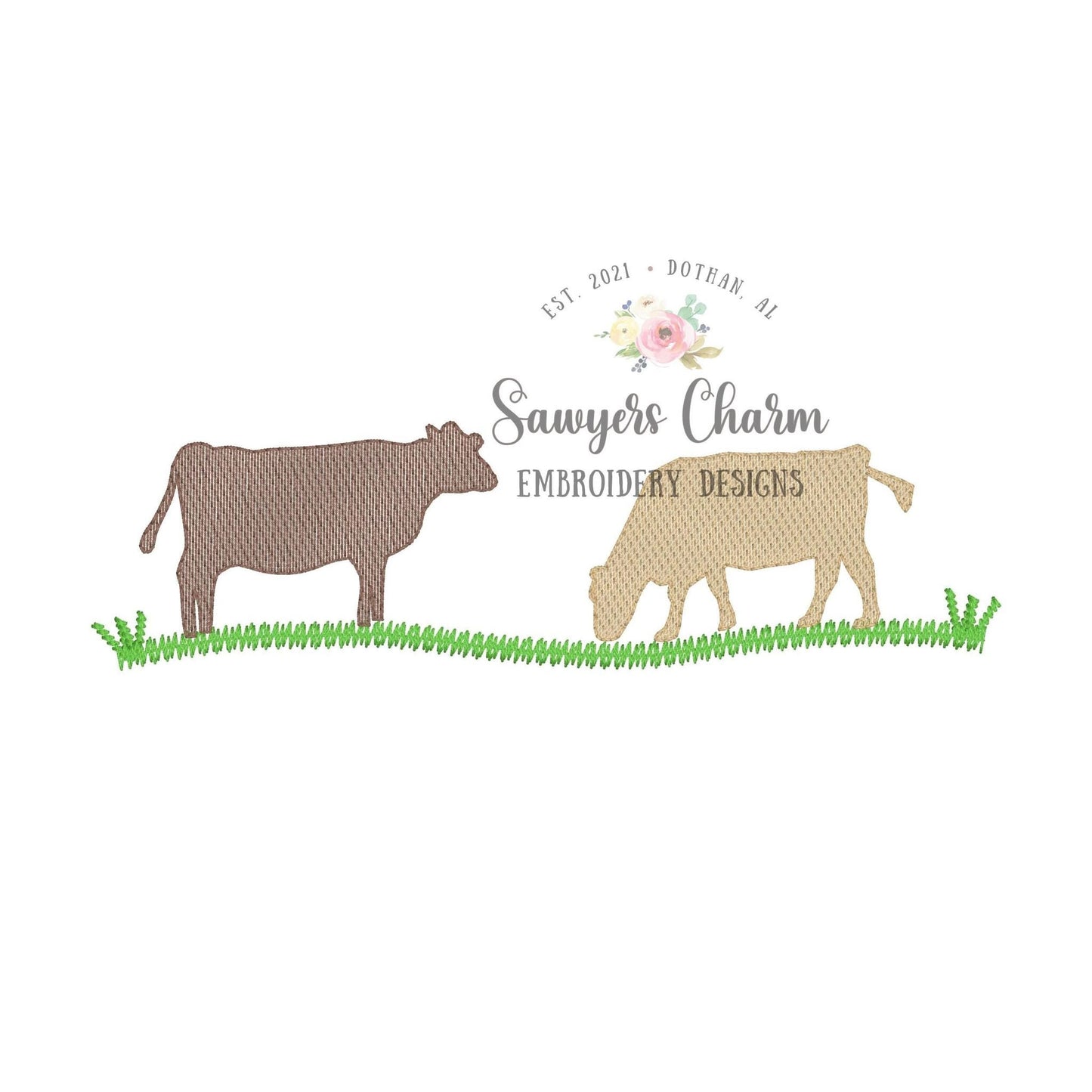 Cows in field with/without clouds sketch stitch machine embroidery design file, quick stitch, bean stitch, farm animals, farm barnyard