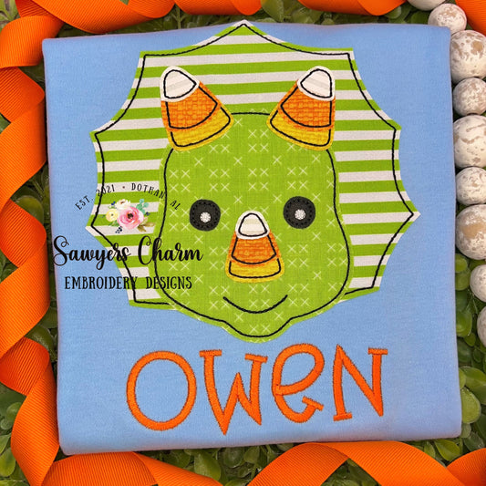BUNDLE Candy corn triceratops with & without bow, bean stitch applique embroidery design file, dino, quick stitch, fall halloween, dinosaur