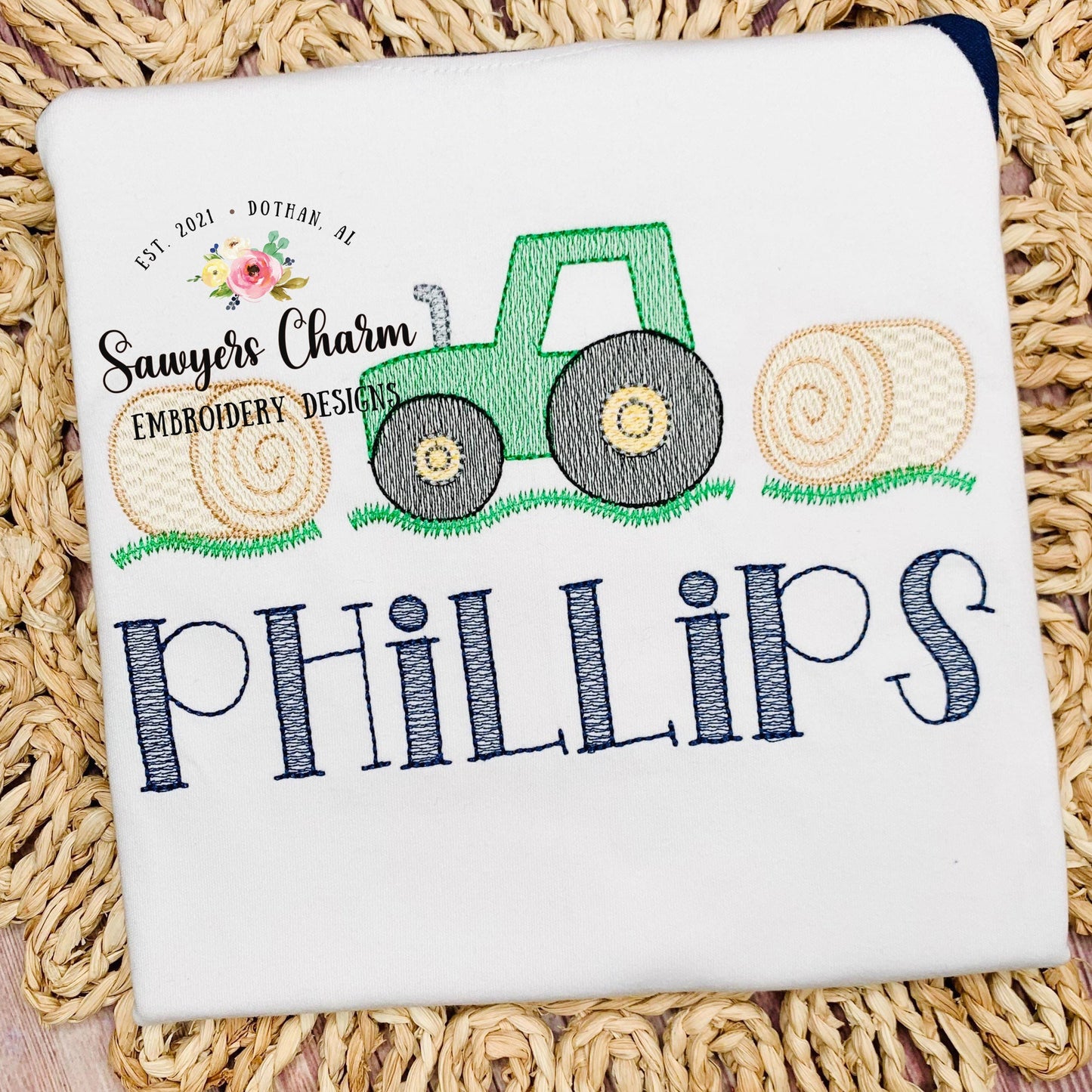 BUNDLE Tractor hay bale trio sketch stitch machine embroidery design file, bean stitch, farming, harvest, dirt hauler, transportation, bow