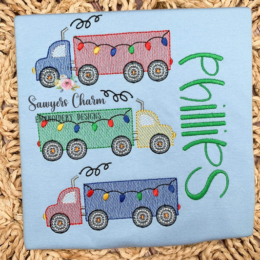 Christmas lights Semi big truck trio sketch stitch machine embroidery design file, bean stitch details, transportation vehicle, holidays