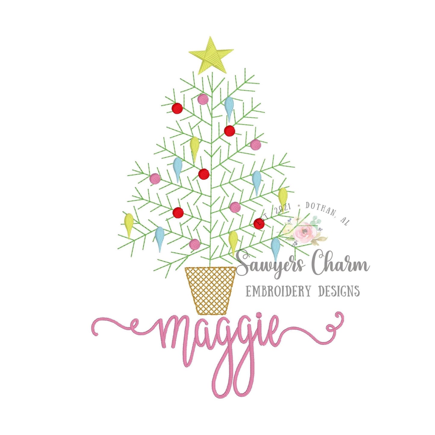 Christmas tree in basket, ornaments, star bean stitch machine embroidery design file, quick stitch, happy holidays, whimsical, elegant
