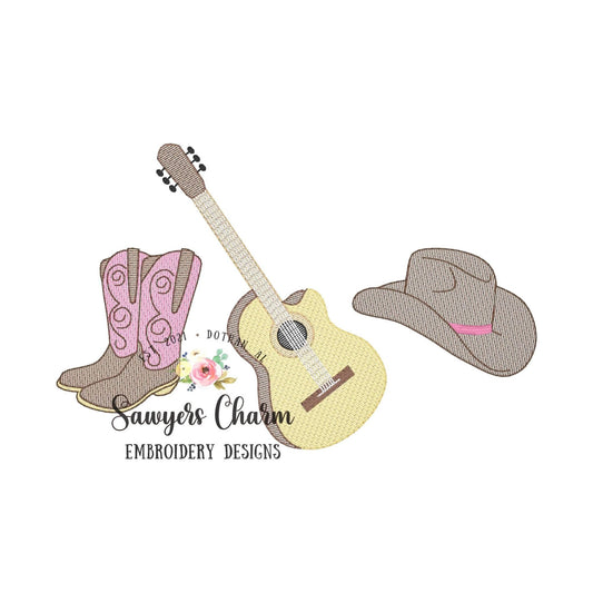 Cowboy boots/hat/guitar trio sketch stitch machine embroidery design file, bean stitch, quick stitch, Nashville country music, cowgirl,
