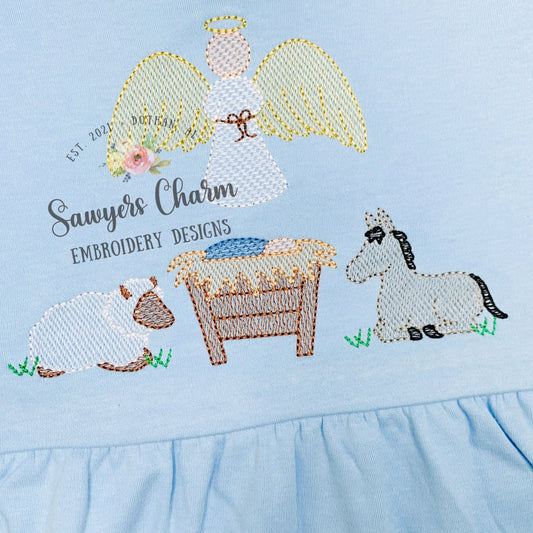 Baby Jesus Nativity scene, angel, donkey, sheep sketch stitch machine embroidery design file, bean stitch details, Merry Christmas holiday