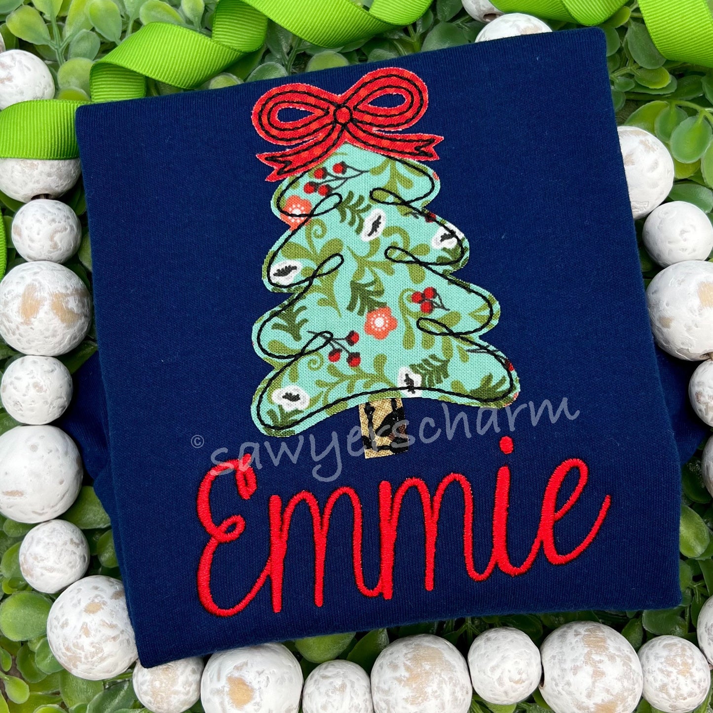 BUNDLE Christmas tree with bow & star, scribble bean stitch applique machine embroidery design file, quick stitch, holidays, boho woodland