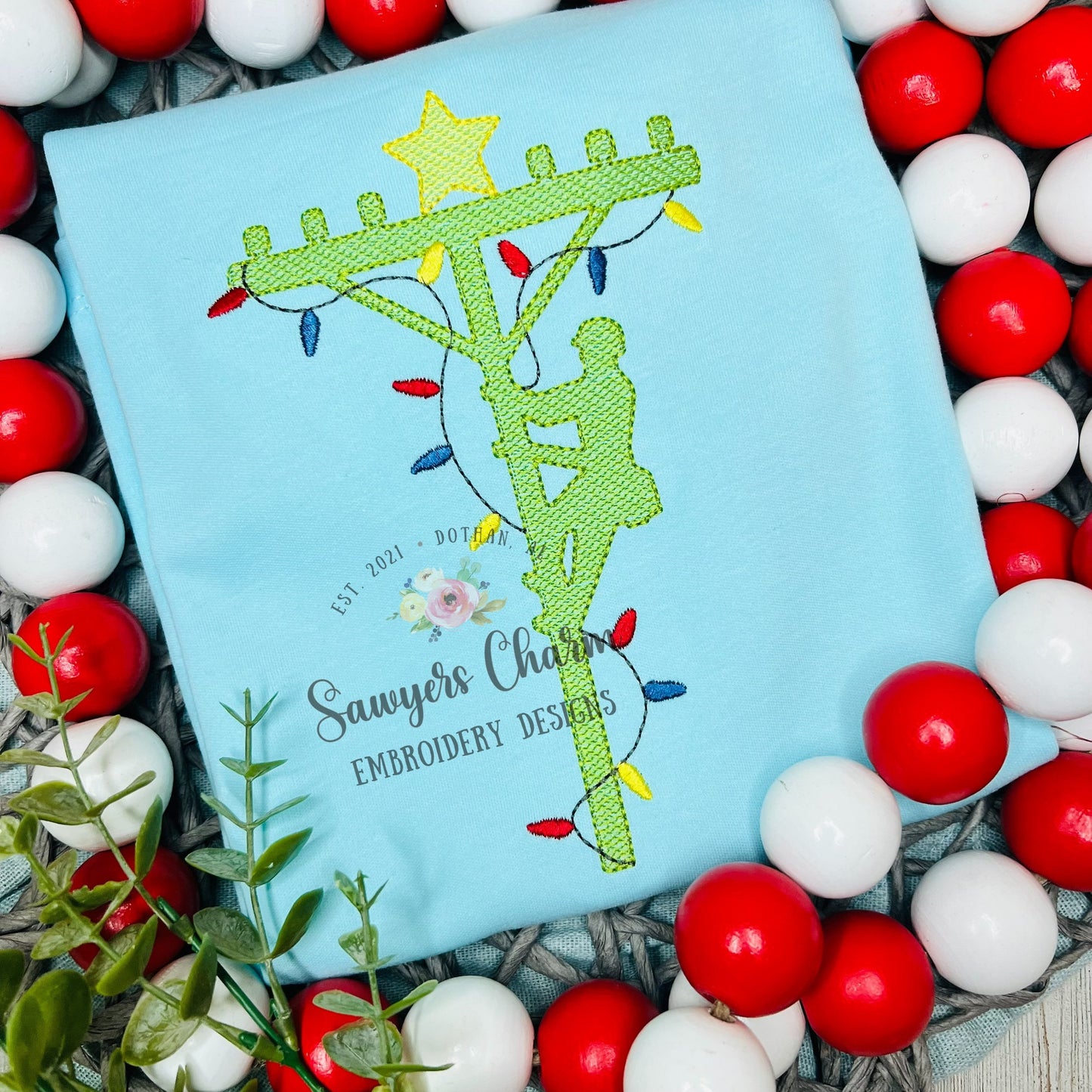Christmas lineman with lights and star sketch stitch machine embroidery design file, quick stitch, happy holidays, Merry Christmas, line man